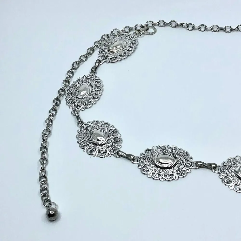Y2K Boho Silver Ornate Oval Concho Chain Belt, Fits 25.5-45 Inches, X7GA1151
